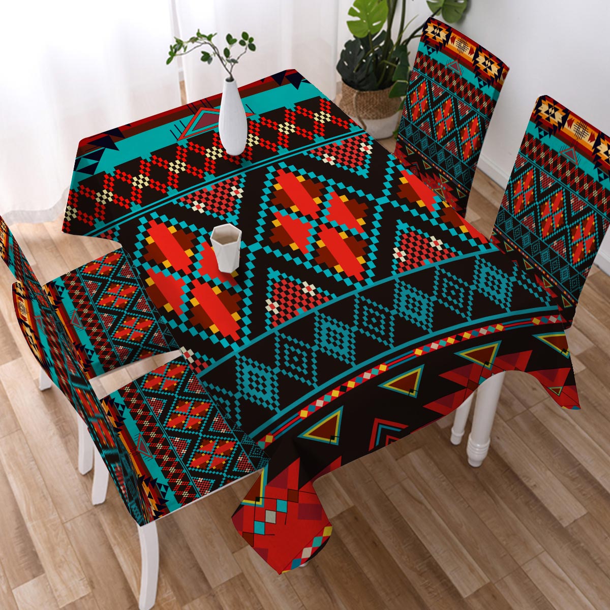GB-NAT00112 Dark Brown Red Pattern Tablecloth - Powwow Store