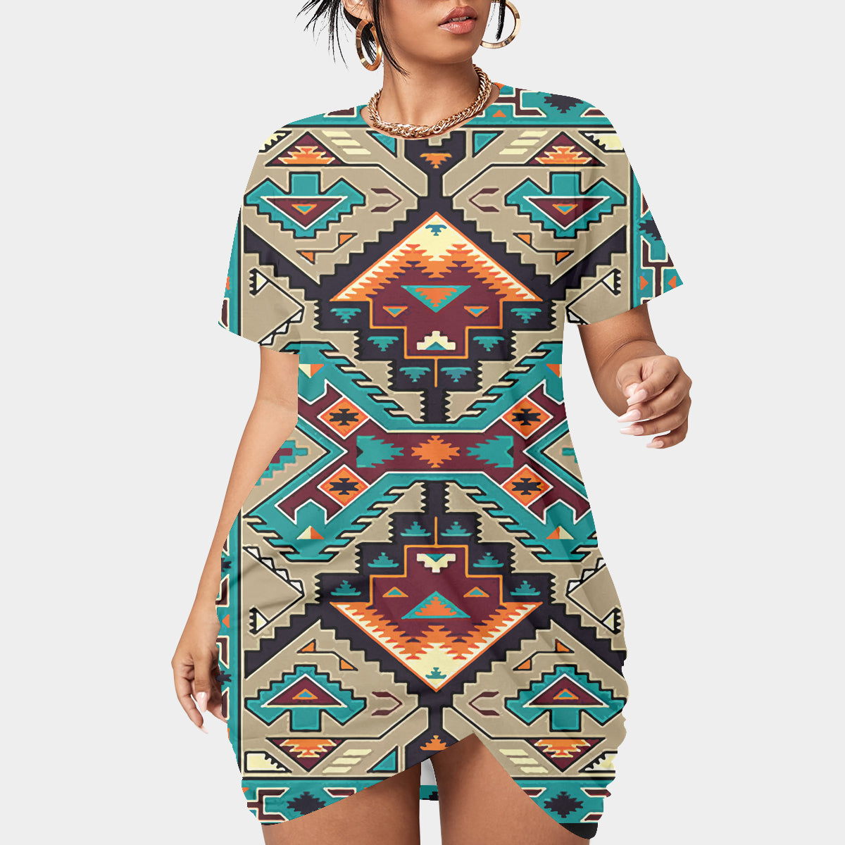 Powwow StoreGBNAT00016 Native American Culture Women’s Stacked Hem Dress With Short Sleeve