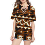 GB-NAT00508 Brown Pattern Native Round Neck Hollow Out Tshirt