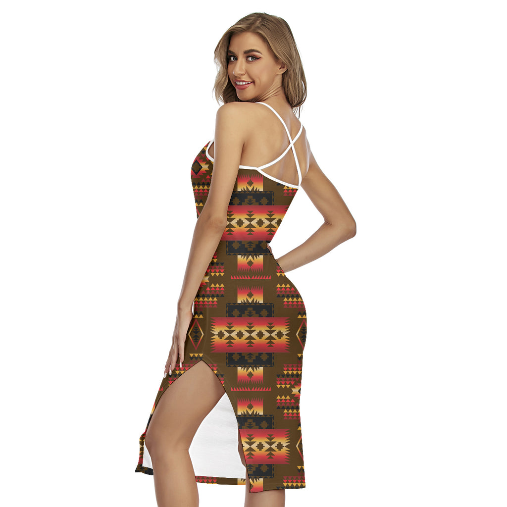 Powwow StoreGBNAT0004608 Pattern Native 3D Wrap Hem Belted Halter Dress