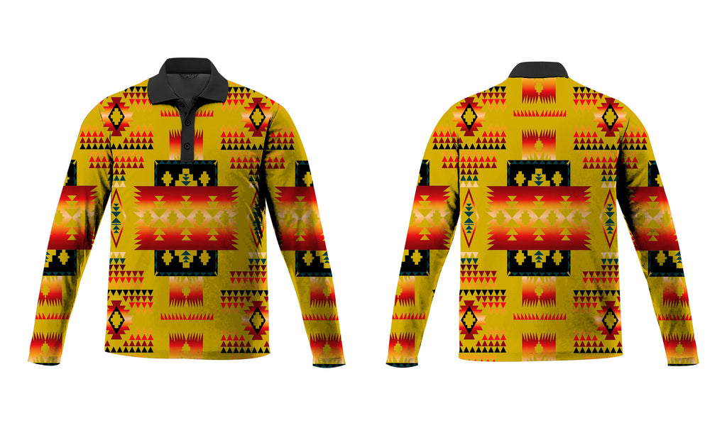 GB-NAT00302-06 Yellow Tribes Pattern Native American Polo Long Sleeve