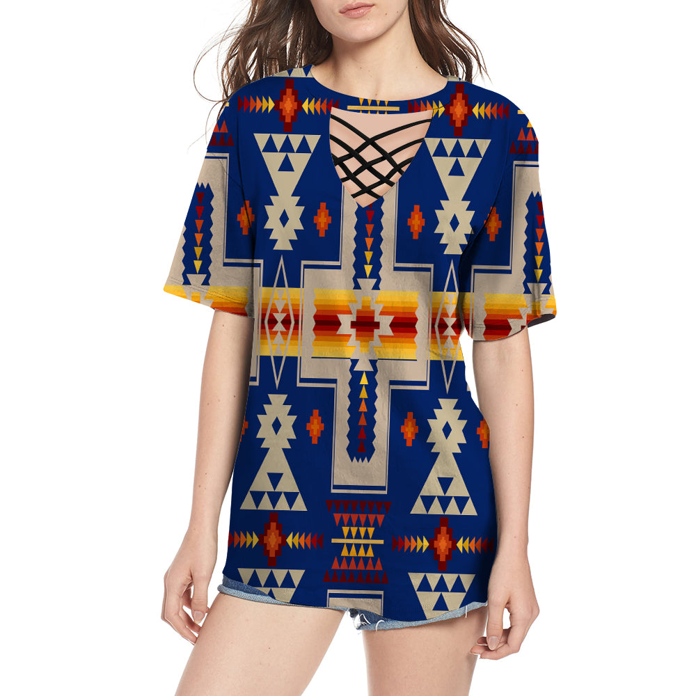 GB-NAT00062-04 Navy Tribe Design Native American Round Neck Hollow Out Tshirt - Powwow Store
