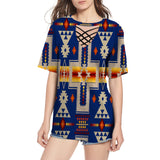 GB-NAT00062-04 Navy Tribe Design Native American Round Neck Hollow Out Tshirt