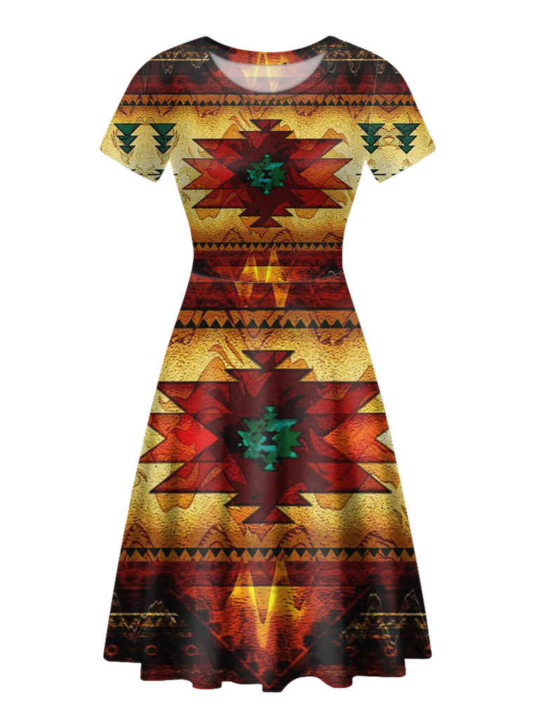 GB-NAT00068 United Tribes Brown Design Round Neck Dress