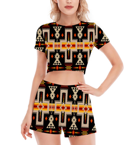 Powwow StoreGBNAT0006201 Pattern Native Women's Short Sleeve Cropped Top Shorts Suit