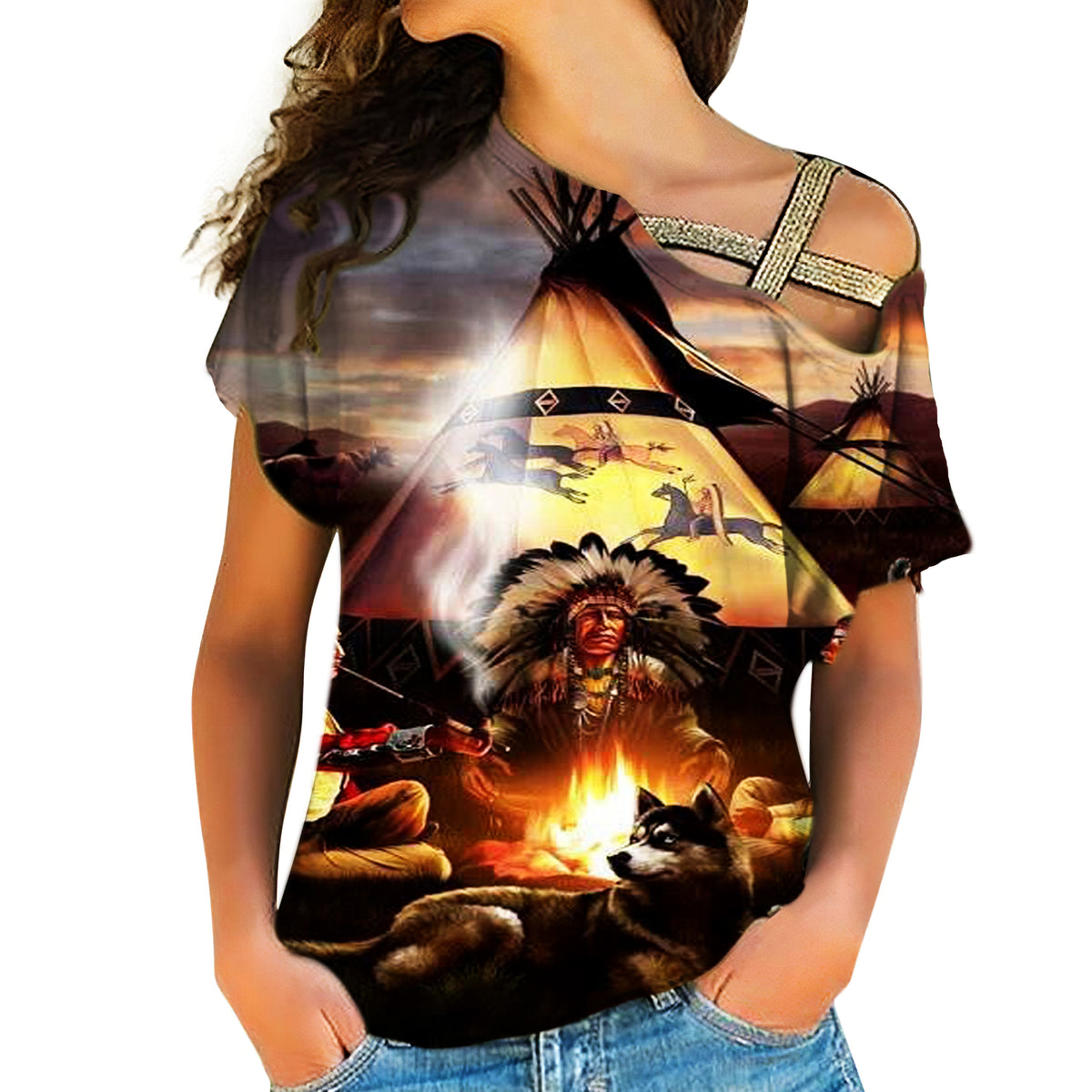 GB-NAT00207 Campfire Native American Cross Shoulder Shirt - Powwow Store