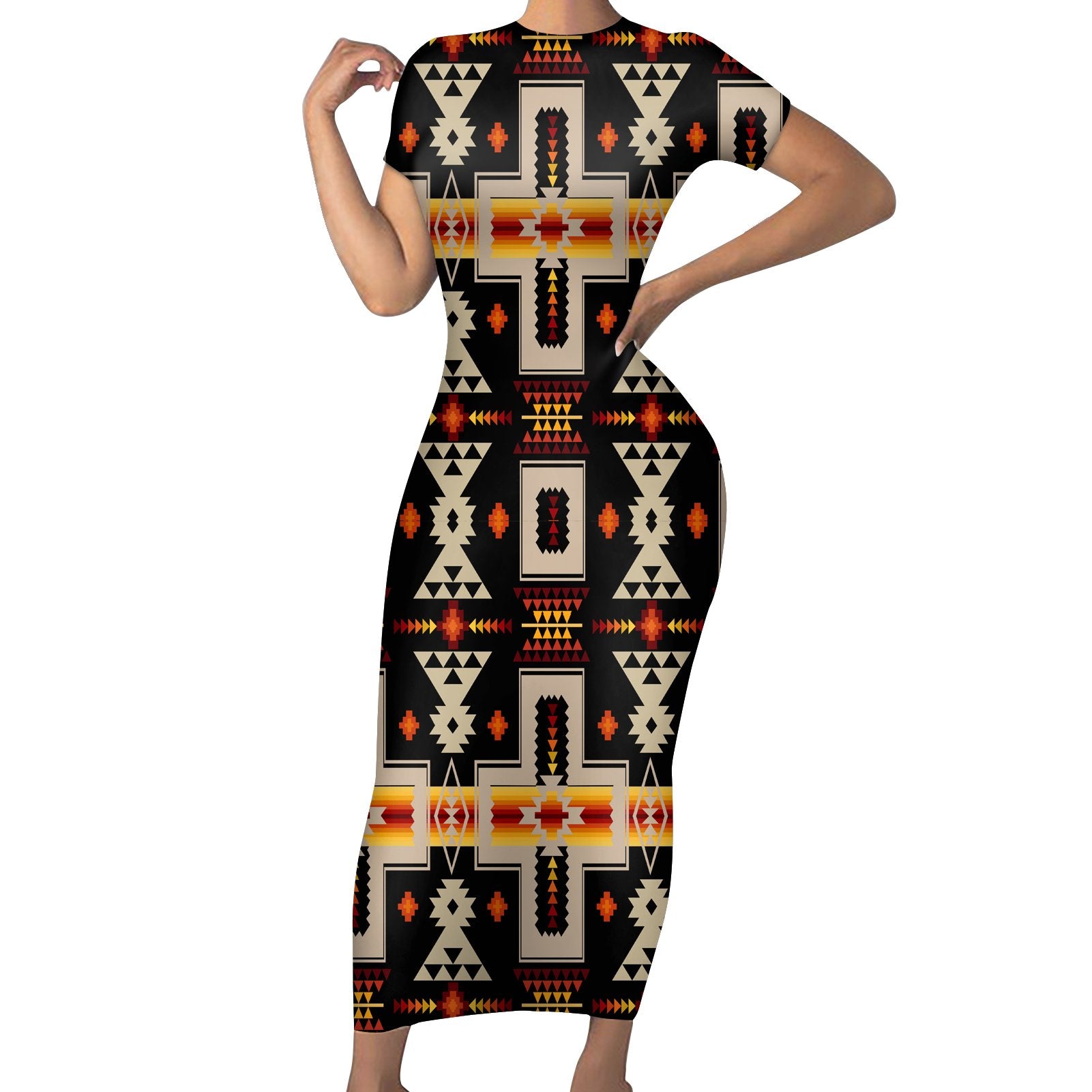 GB-NAT00062-01 Black Tribe Design Native American Short-Sleeved Body Dress - Powwow Store