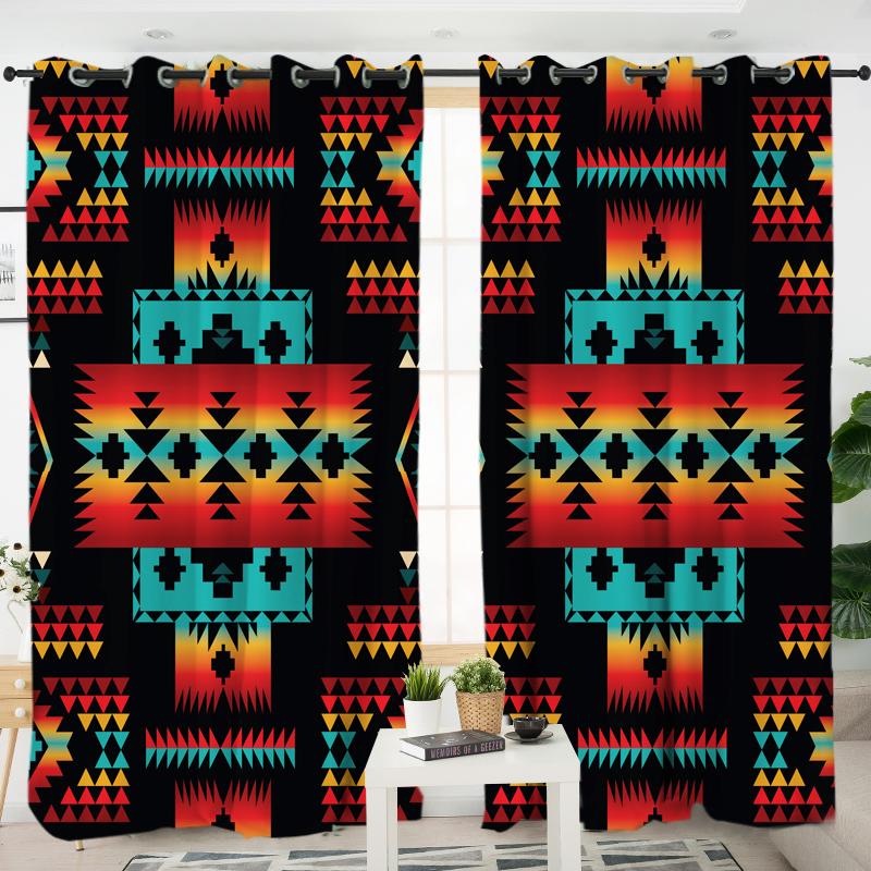 Navy Native Tribes Pattern Native American Living Room Curtain - Powwow Store