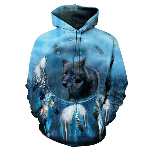 Blue Wolf Dreamcatcher Native American Pullover Hoodie - ProudThunderbird