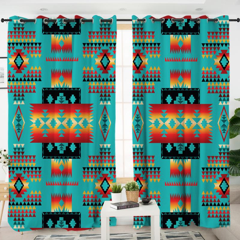 Blue Native Tribes Pattern Native American Living Room Curtain - Powwow Store