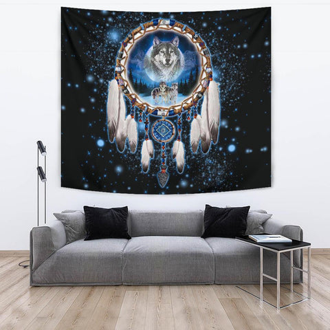 Wolf Galaxy Dreamcatcher Native American Design 3D Tapestry