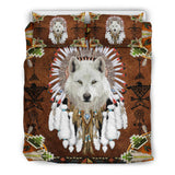 GB-NAT00745 White Wolf  With Headress Feathers Bedding Set