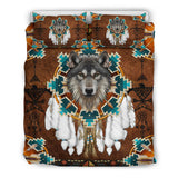 GB-NAT00446-05 Blue Mandala Feather Wolf Native Bedding Set