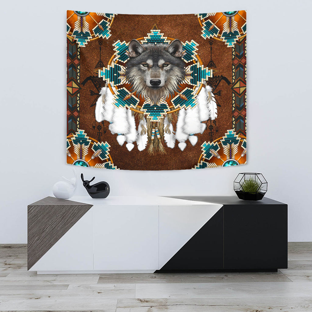 GB-NAT00446-05 Blue Mandala Feather Wolf Native Tapestry