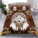 GB-NAT00745 White Wolf  With Headress Feathers Bedding Set