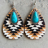 Powwow Storeaztec pattern wood turquoise teardrop earrings for women