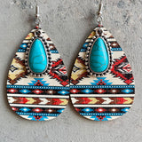 Powwow Storeaztec pattern wood turquoise teardrop earrings for women