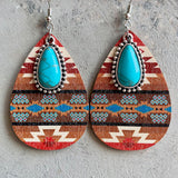 Powwow Storeaztec pattern wood turquoise teardrop earrings for women