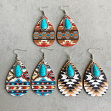 Powwow StoreAztec Pattern Wood Turquoise Teardrop Earrings for Women