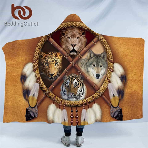 Dreamcatcher Bear Tiger Wolf Native American Design Hooded Blanket - ProudThunderbird