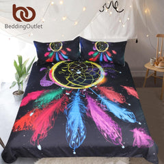 Colorful Feathers Night Moon Dreamcatcher Native American Bedding Set - Powwow Store