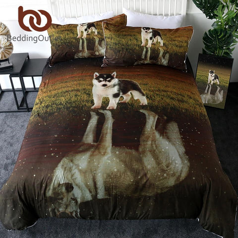 Puppy Husky on Grassland  Native American Bedding Set