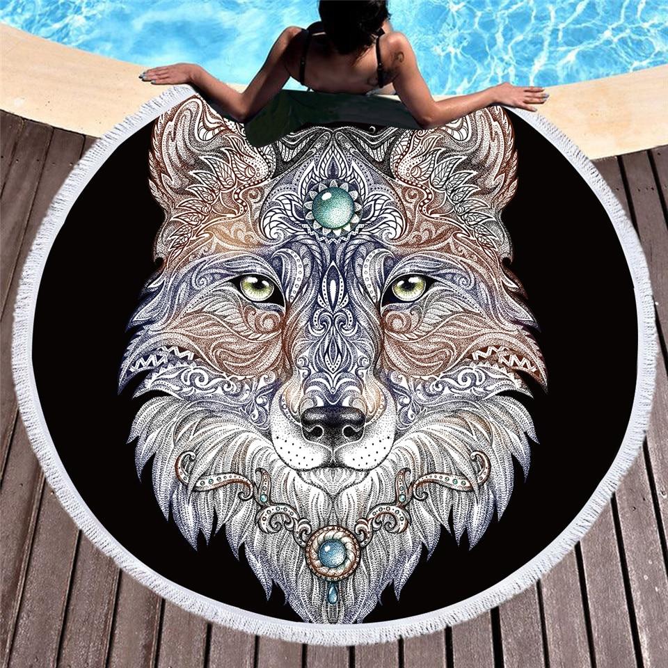 Tattoo Head Wolf Round Native American Beach Towel - Powwow Store