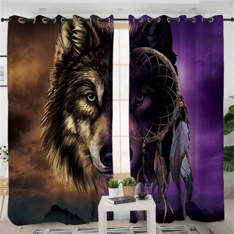 Purple Mountain Wolf Dreamcatcher Native American Design Window Living Room Curtain