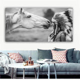 Black and White Native Girl With Horse Native American Canvas F5788