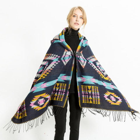 Fashion Hooded Hat Tassel Knitted Native American Ponchos - Powwow Store