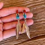 Retro Ethnic Women's Earrings Inlaid with Turquoise Hanging Long Double Feather Earrings