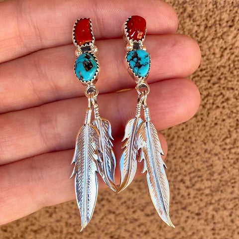 Retro Ethnic Women's Earrings Inlaid with Turquoise Hanging Long Double Feather Earrings