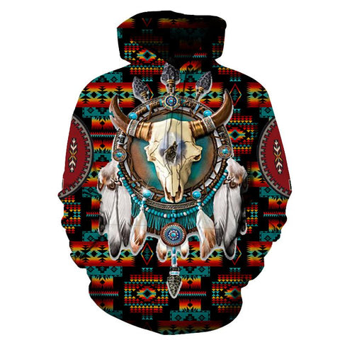 Bison Dreamcatcher Native American Tribe Navy Pattern Hoodie - Powwow Store