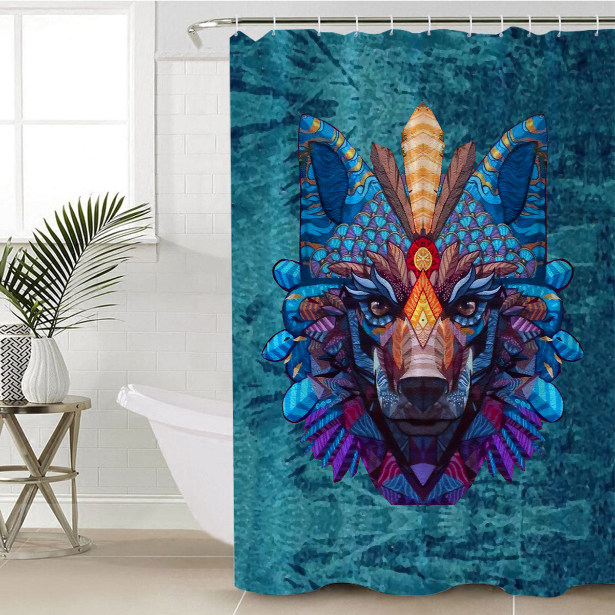 GB-NAT00094-SCUR01 Native American Colorful Wolf Shower Curtain - Powwow Store