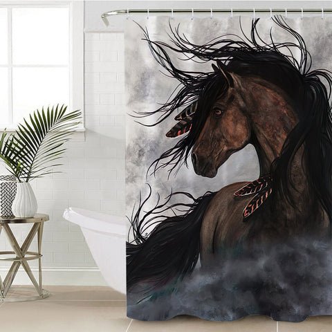 GB-NAT00143-SCUR01 Brown Horse Native American Shower Curtain