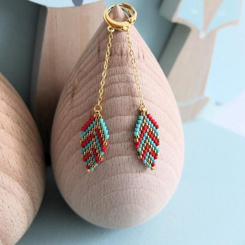 Red Blue Pattern Seed Beads Native American Earrings - Powwow Store