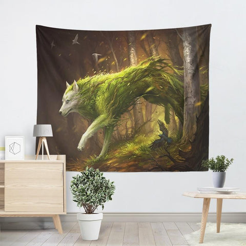 Green Hair Ferocious Wild Wolf Tapestry - Powwow Store