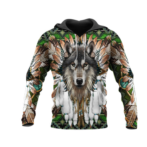 Powwow StoreHD00045 Mandala Green Wolf  Native 3D Hoodie