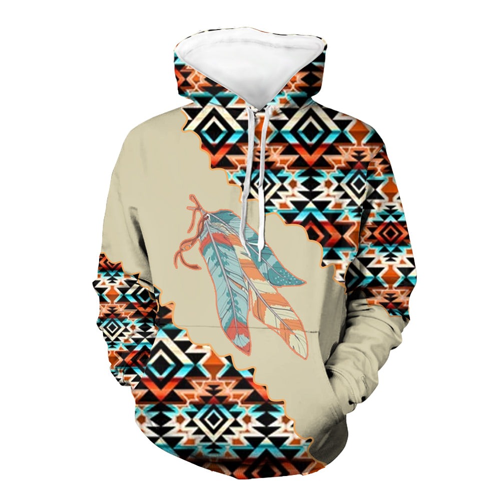 Powwow StoreHD00080 Feather  Pattern Native 3D Hoodie