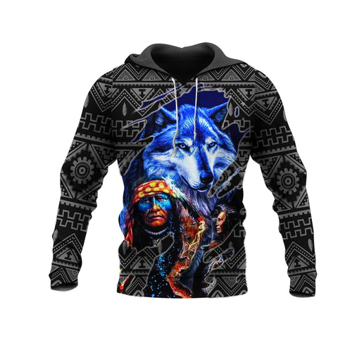 Powwow StoreHD00084 Cheif And Wolf  Native American 3D Hoodie