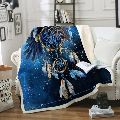 Blue Galaxy Dreamcatcher Throw Blanket Native American Artwork - ProudThunderbird