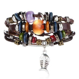 Tibet Stone Feather Multilayer Leather Eye Fish Charms Beads Native American Bracelets