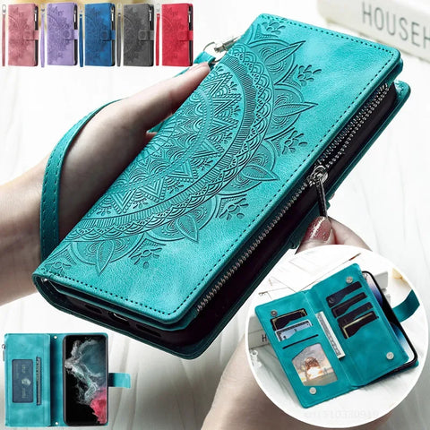 Powwow StoreLanyard Flip Leather Case for Samsung Galaxy S24 Ultra S23 FE S22 S21 S20 Plus S10 S9 Note 20 10 Zipper Wallet Multi Card Cover