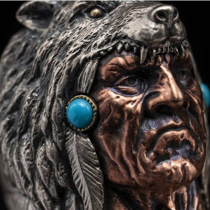 Miqiao Silver Plated Retro Celtic Totem Indian Chief Wolf Head