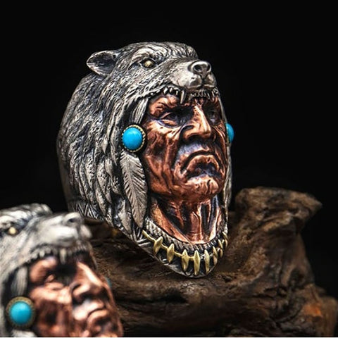Miqiao Silver Plated Retro Celtic Totem Indian Chief Wolf Head Boho Vintage Human Face Rings For Women Men Couple Gift Jewelry - Rings