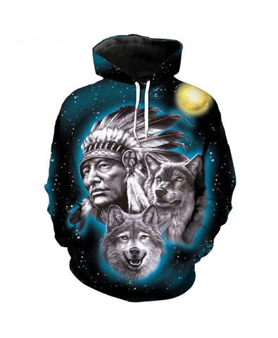 3D Hoodie Native American Wolf Print Pullover - ProudThunderbird