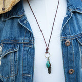 Men's Necklace Turquoise Antique Brass Feather Leather Necklace Boho Leather