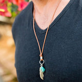 Men's Necklace Turquoise Antique Brass Feather Leather Necklace Boho Leather
