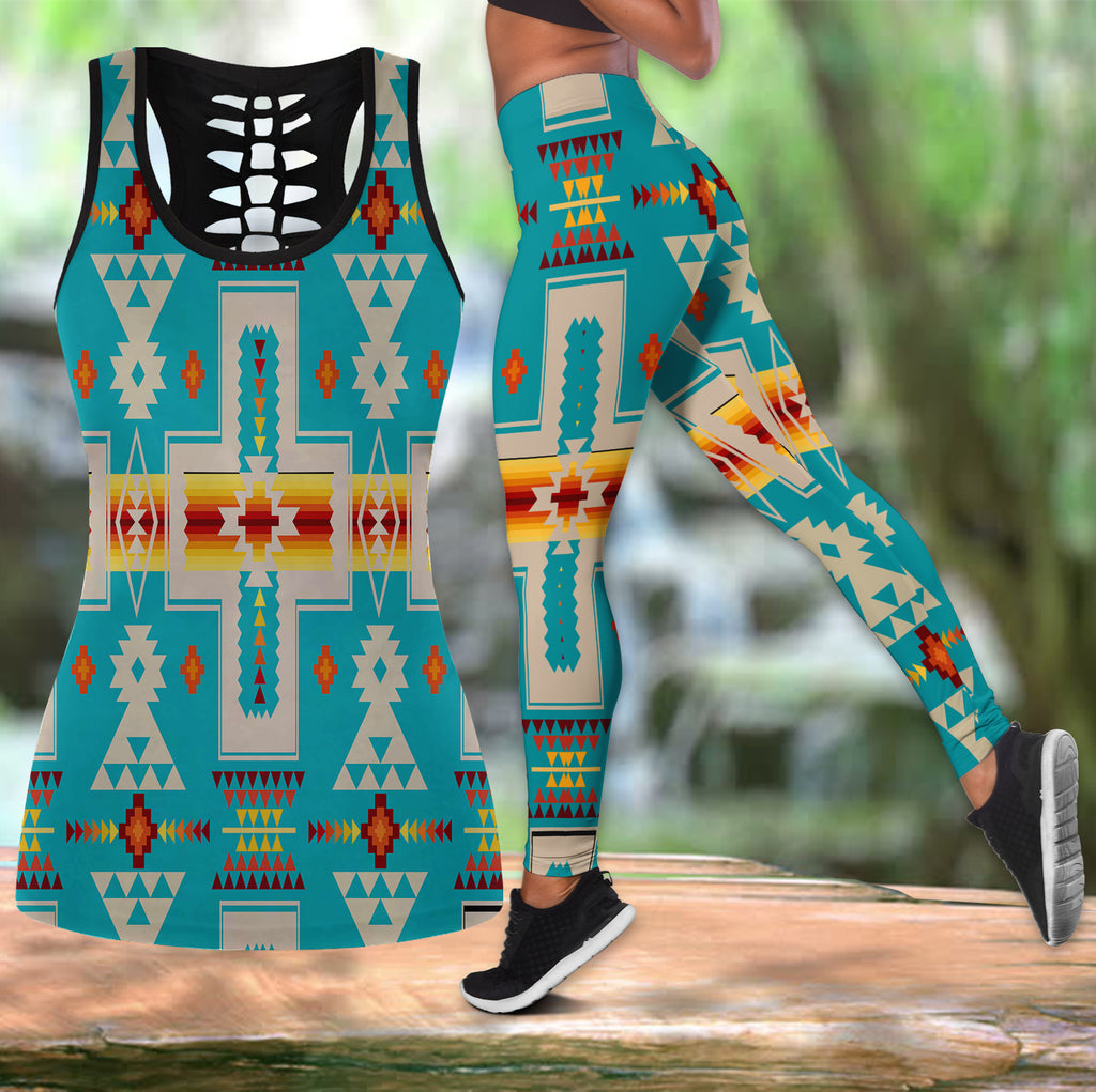 GB-NAT00062-05 Turquoise Tribe Design Native America Hollow Tanktop - Legging Set