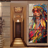 Native Feathered Girl 3 Pieces Native American Canvas
